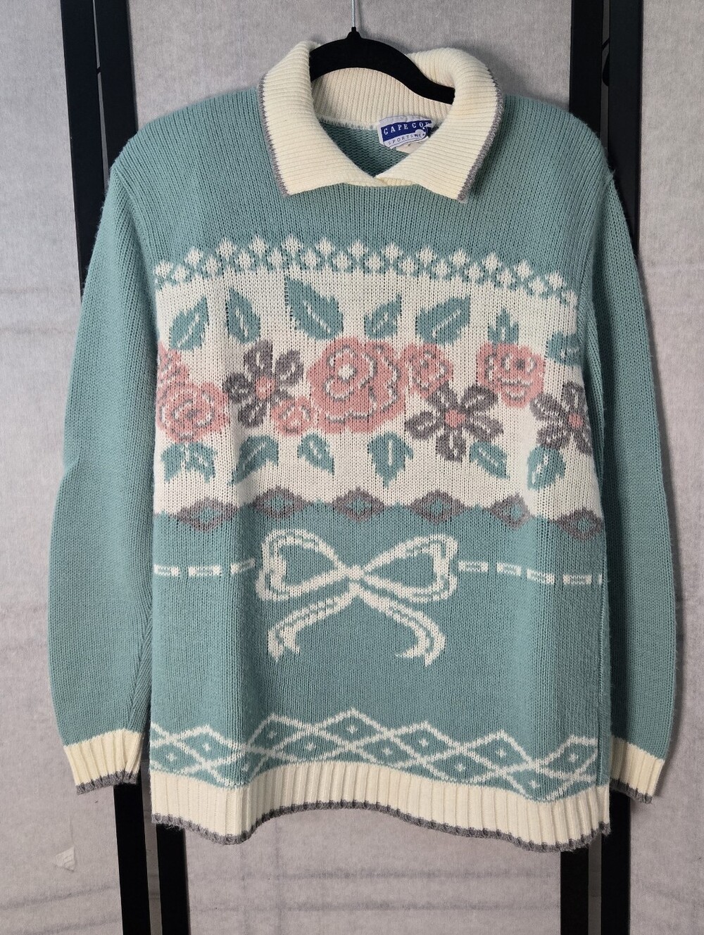 Vintage Cape Cod Sportswear Teal 80-90s Floral Knit Sweater Pink Roses Bow Small